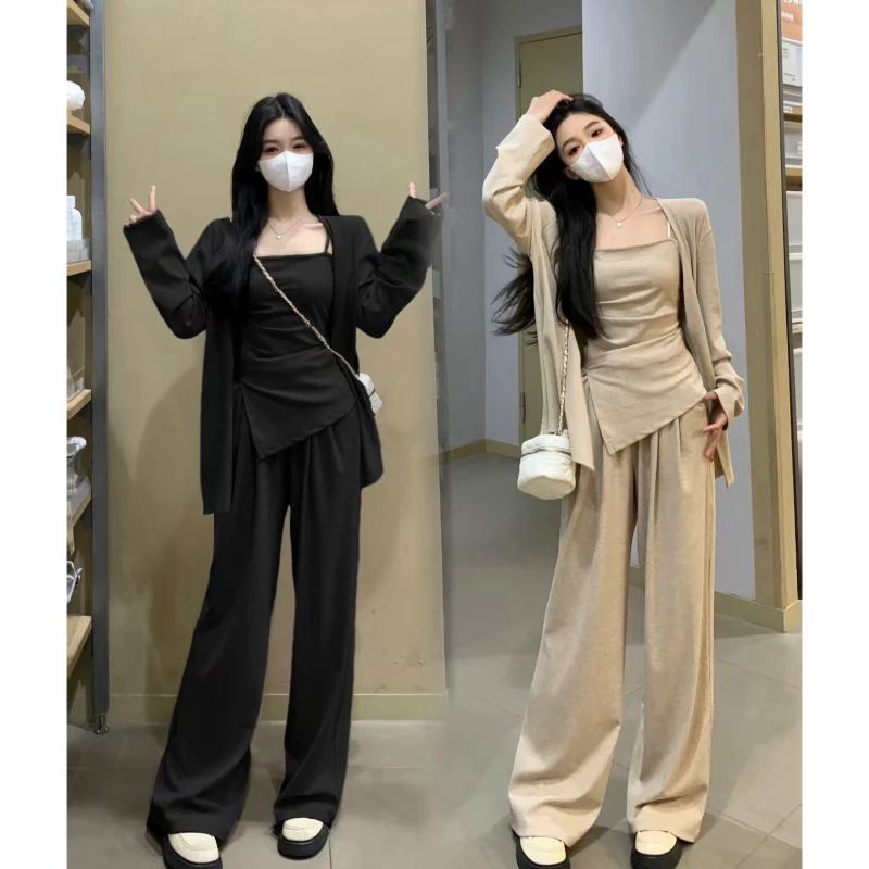 大码春秋胖mm巨显瘦套装吊带外披长裤休闲三件套女洋气穿搭一整套
