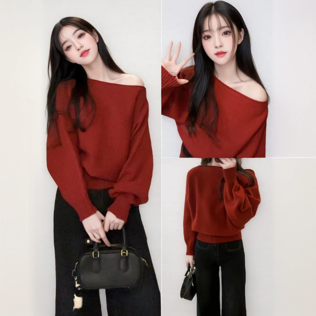 秋冬红色毛衣一字领韩版短款小个子气质斜领露肩针织衫长袖上衣女