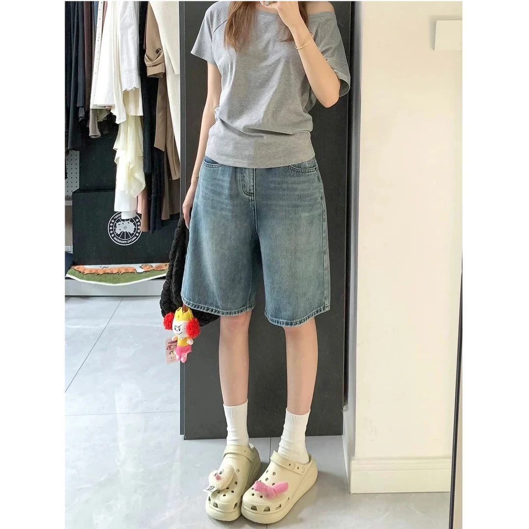 复古水洗爆款蓝色直筒显瘦五分牛仔裤女新款休闲宽松百搭阔腿短裤