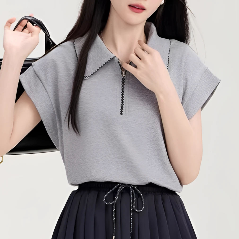 58070#小个子Polo领学院风短袖女2025夏新款宽松显瘦短款t恤上衣