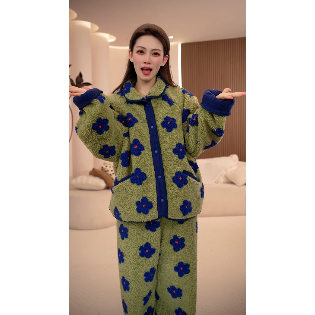 羊羔绒睡衣女士新款秋冬长袖套装加厚毛绒珊瑚绒可外穿家居服