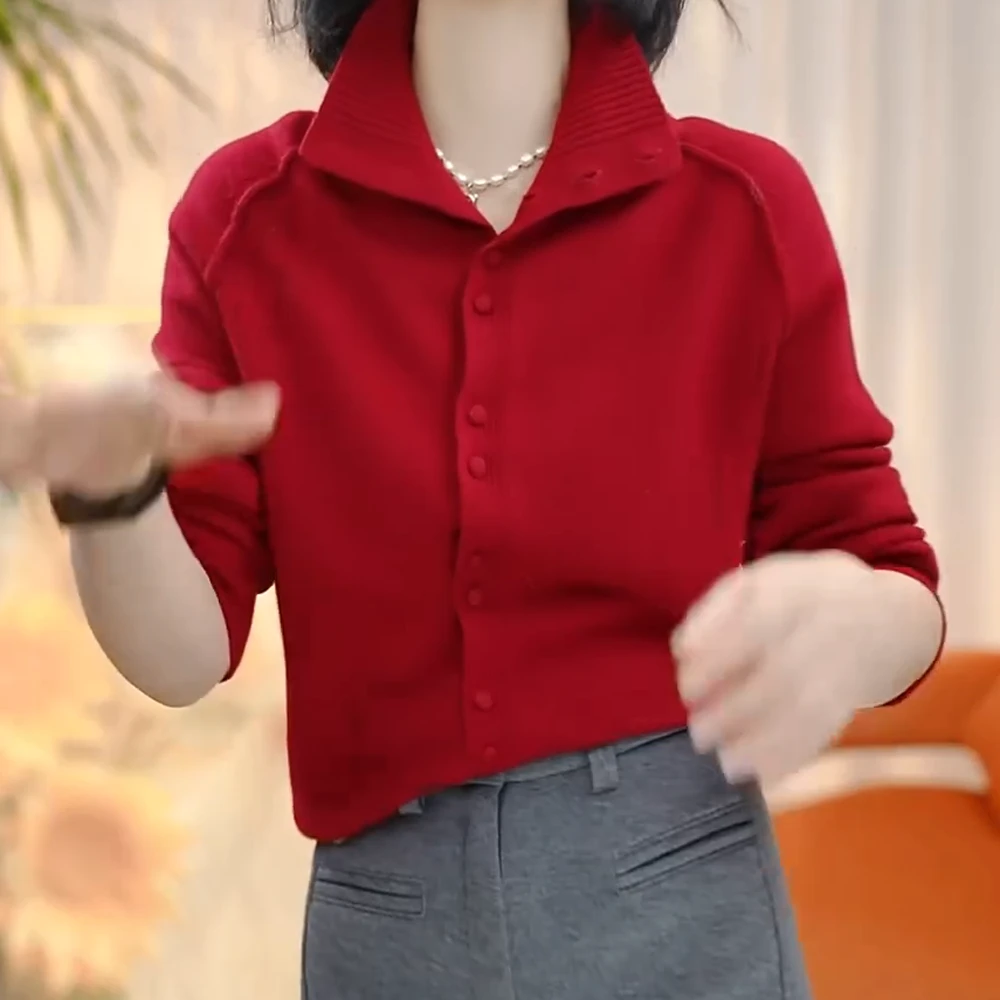 冬装轻奢小众洋气时尚气质显瘦立领红色百搭针织毛衣开衫时髦上衣