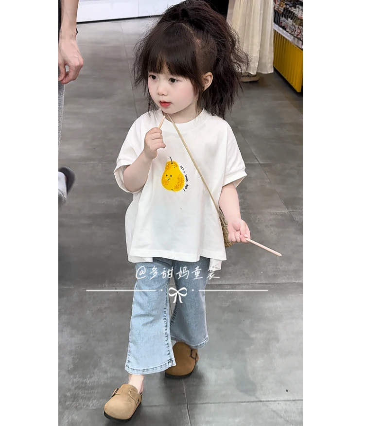 女童夏季新款套装洋气宽松T恤女宝宝牛仔喇叭裤百搭时尚两件套