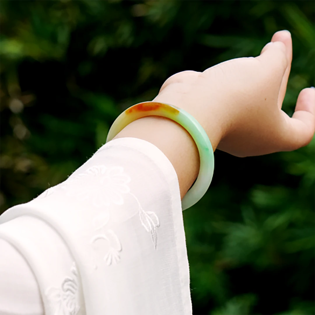 【晨妆悦己】53圈 老坑冰种红橙绿三色翡翠手镯 全品贵妃美人老镯子