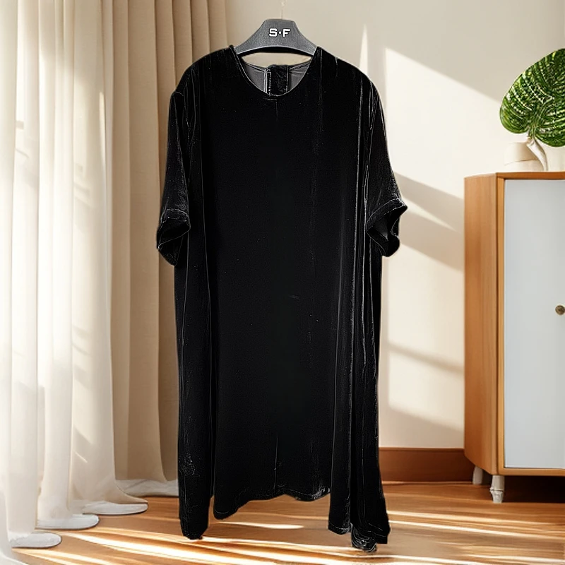 《墨玉：可定制》圆领真丝桑蚕丝丝绒后拉链五分袖宽松连衣裙2510