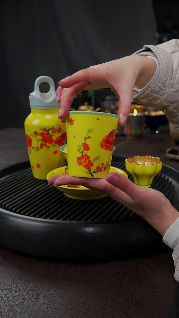 【闪购商品】杯【宜景窑焦黄】手绘可乐杯