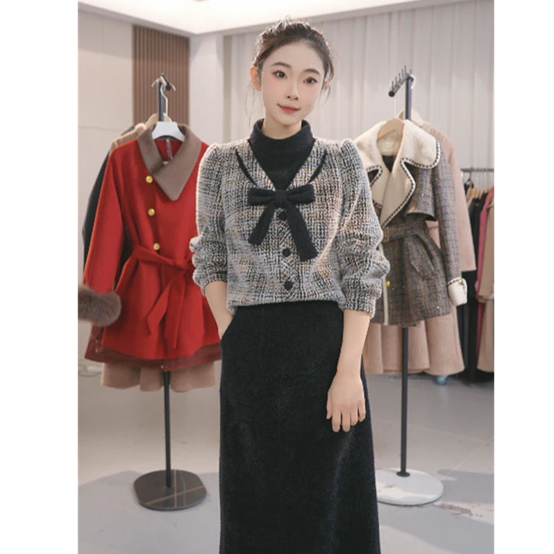 Y1736小香风套装连衣裙新款女秋冬季时尚轻奢高级感加厚两件套