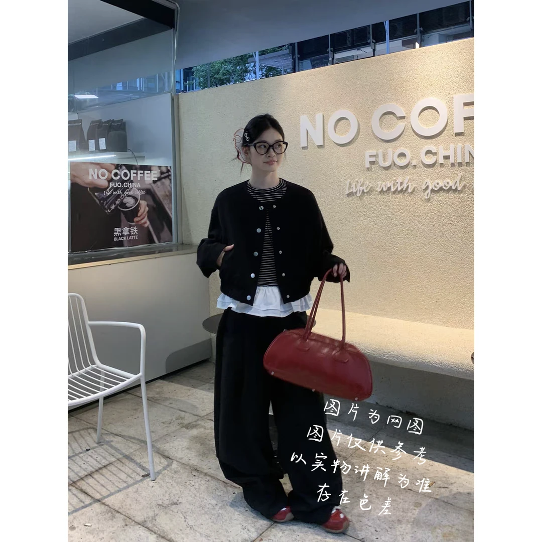 【大白莎家】韩系风格大码女装宽松显瘦条纹拼接内搭+阔腿裤+外套