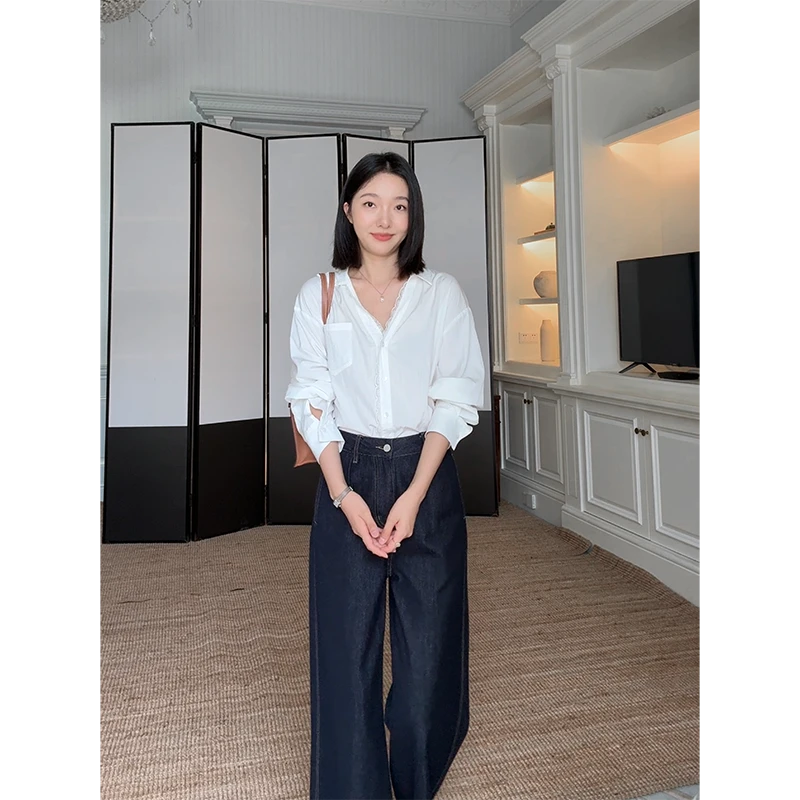 郭九九呢 V领蕾丝边宽松显瘦落肩袖衬衫九分阔腿牛仔裤G925C02563