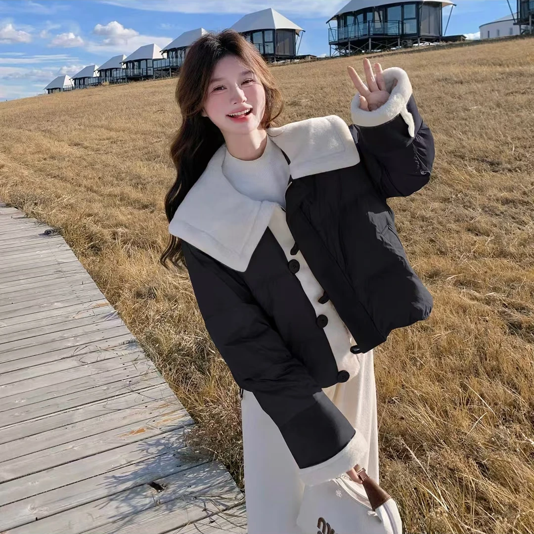 Y12#大翻领毛毛拼接黑色女冬季2024新款韩系甜美少女感厚外套约63