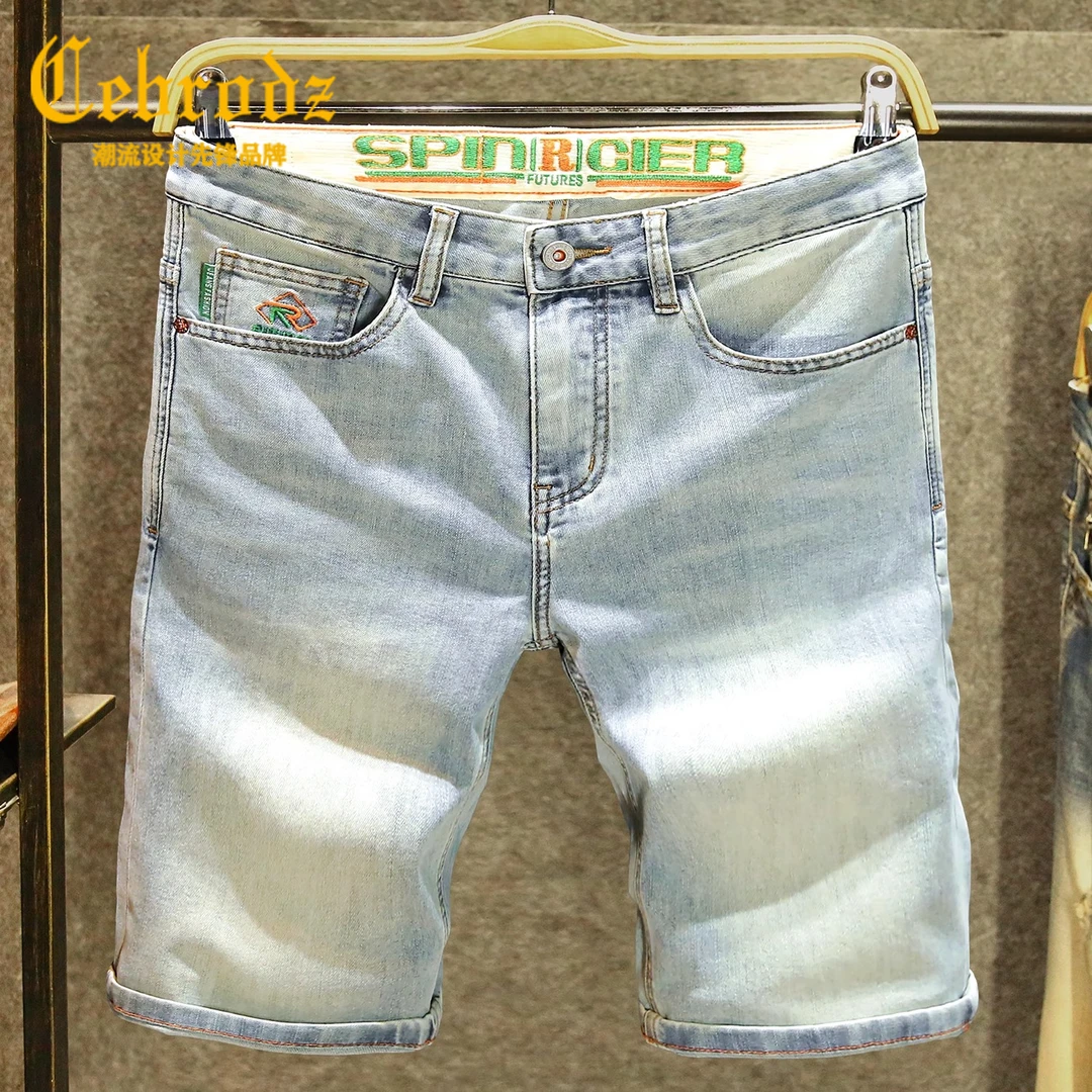 Cebrodz潮牌刺绣牛仔短裤男士夏季五分裤浅色潮流百搭休闲短裤男