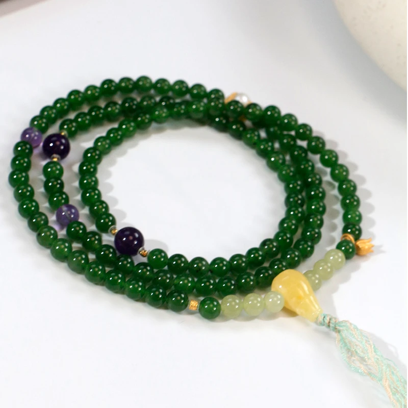 【我见青山】老俄料碧玉6mm108手串配蜜蜡三通