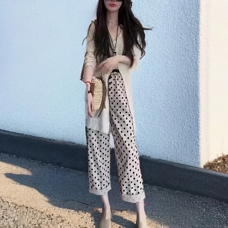 2025春夏新款薄款防晒修身波点显瘦直筒裤女洋气DM24288时尚休闲