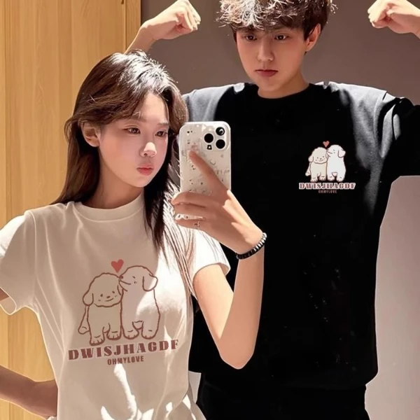 情侣装短袖T恤一长一短2025新款爆款夏季超火小众修身短袖t恤男女
