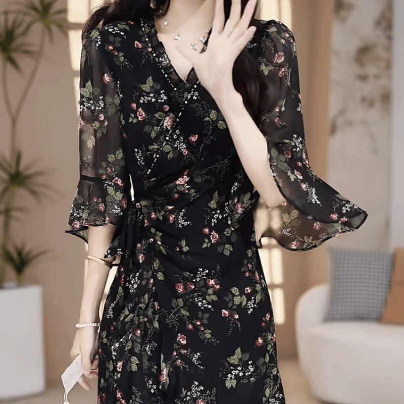 978【连衣裙】2025夏季新款时尚轻奢高端精致印花显瘦收腰连衣裙