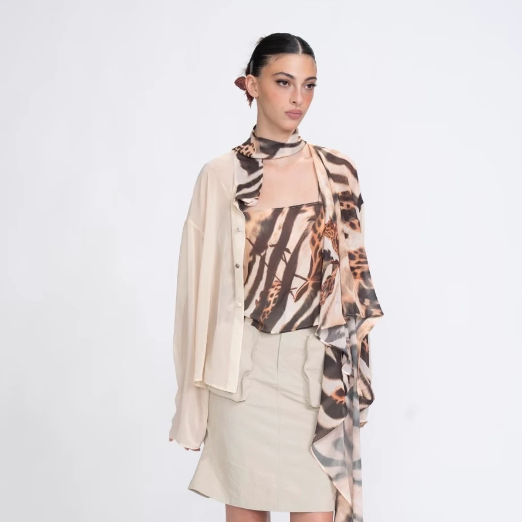 PANN围巾领设计感印花衬衫