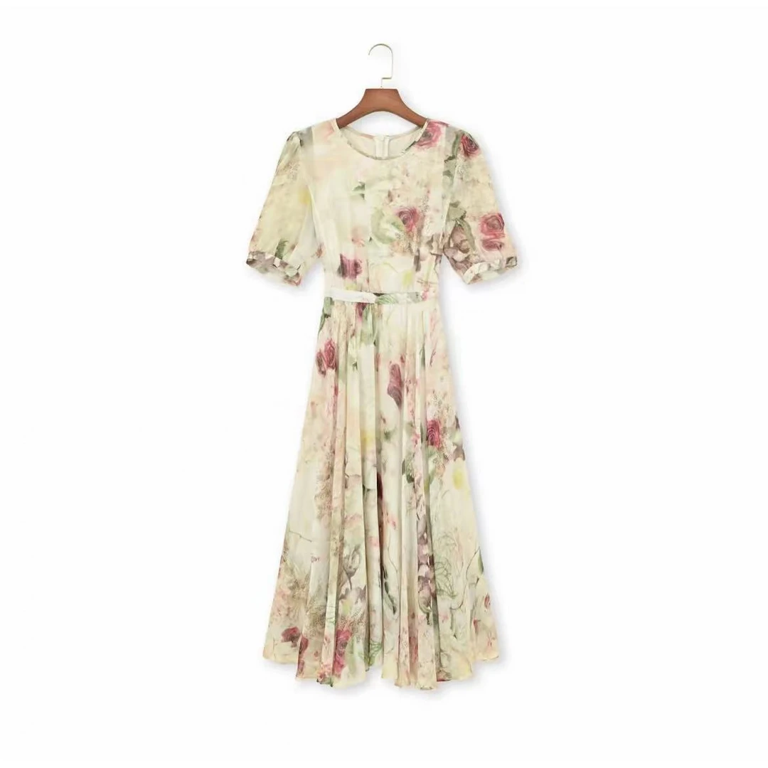 25年夏季新款花色100桑蚕丝连衣裙25DAK0700