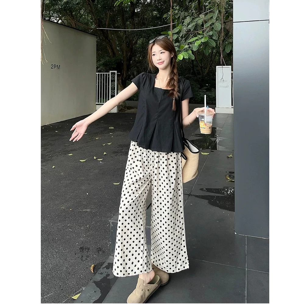 夏装搭配一整套时尚套装气质黑色方领短袖衬衫波点阔腿长裤两件套