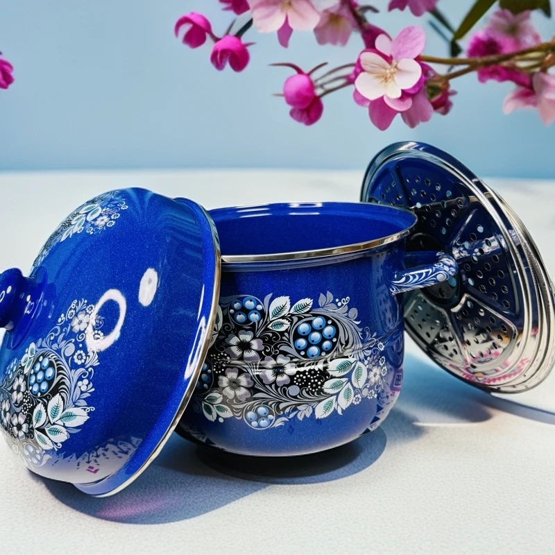 新疆包邮【26cm蓝色蒸锅】搪瓷蒸锅加厚双层家用珐琅汤锅电磁炉适用