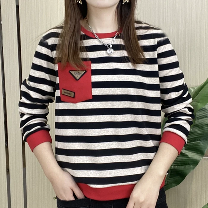长袖t恤女2025春季新款时尚洋气百搭条纹上衣拼色圆领上衣打底衫