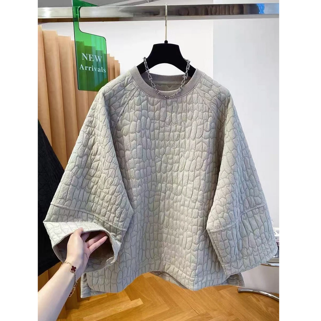 欧货黑色肌理感夹棉卫衣女秋冬2025新款宽松休闲百搭圆领套头上衣