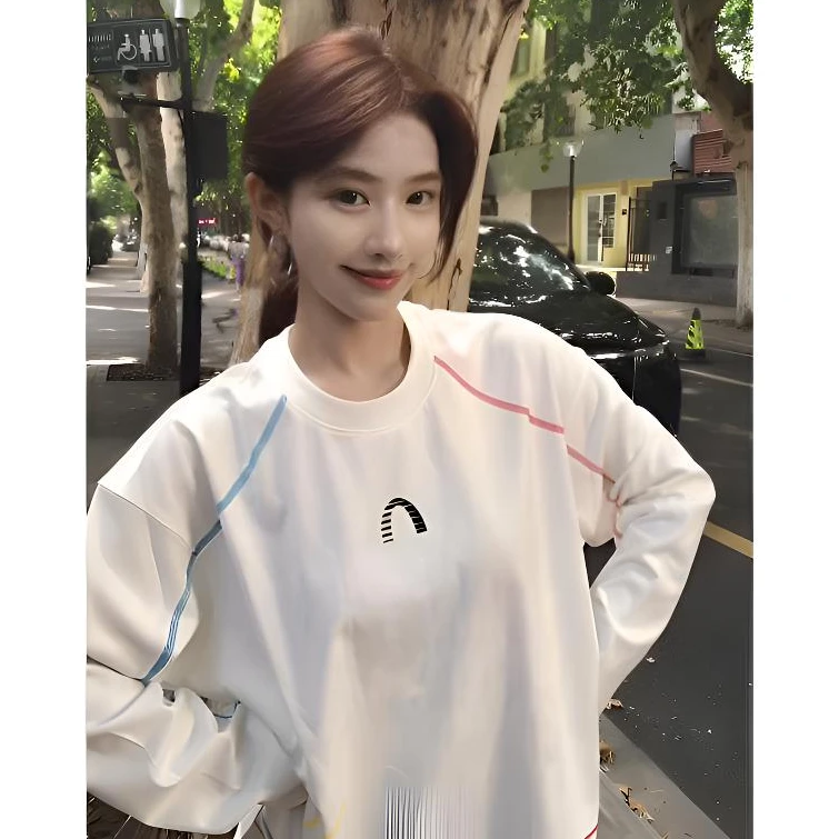韩系复古撞色拼接字母设计感长袖t恤男女秋季慵懒风宽松百搭上衣