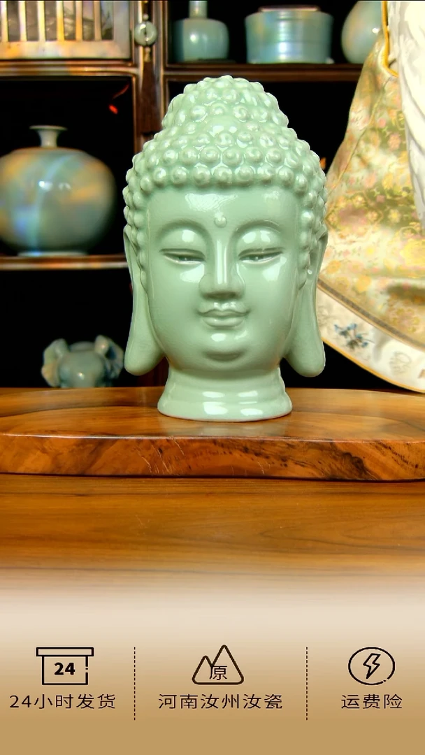 豆绿原矿釉佛头摆件