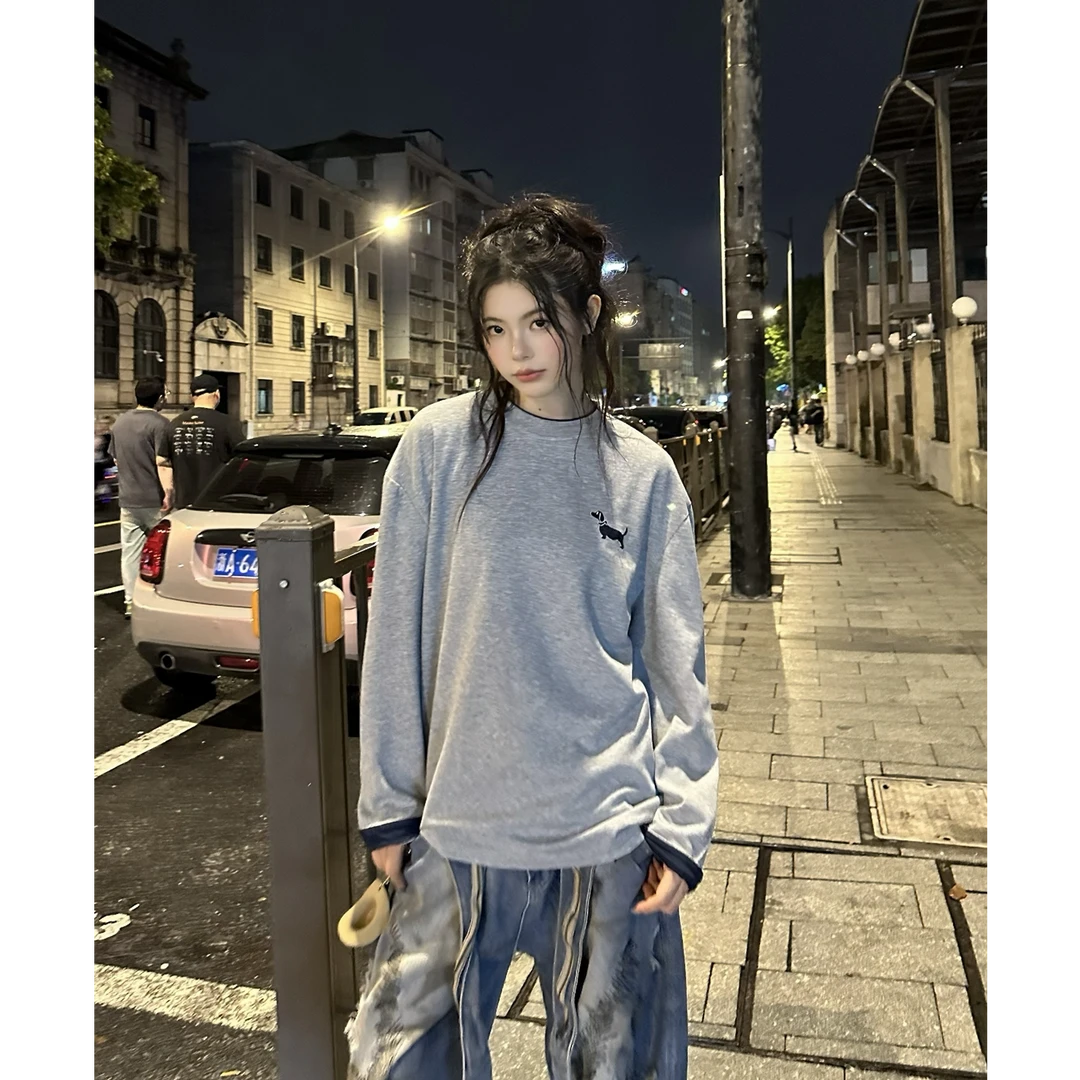 QIUYIDAODI【空心小狗】秋季撞色假两件长袖潮牌宽松显瘦t恤上衣男