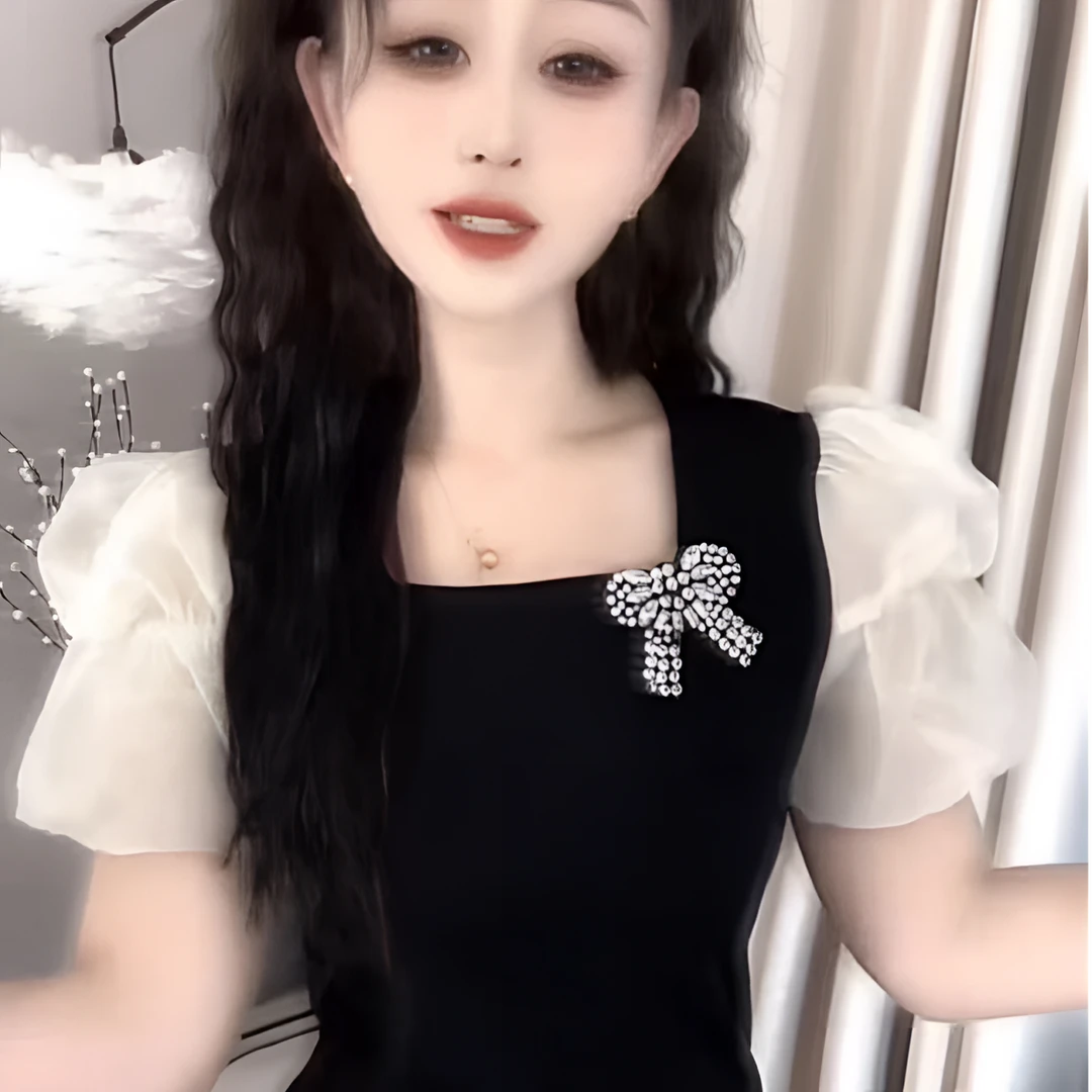 米蝴蝶短袖拼接蝴蝶结宽松型圆领上衣气质显瘦黑色