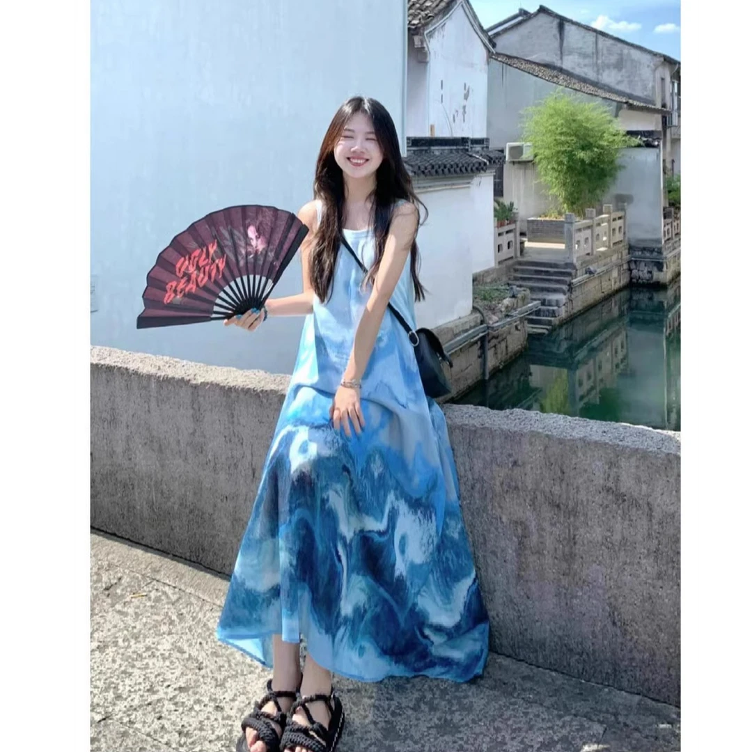 泰国穿搭江南水乡国风水墨画宽松慵懒松弛感吊带连衣裙海边度假