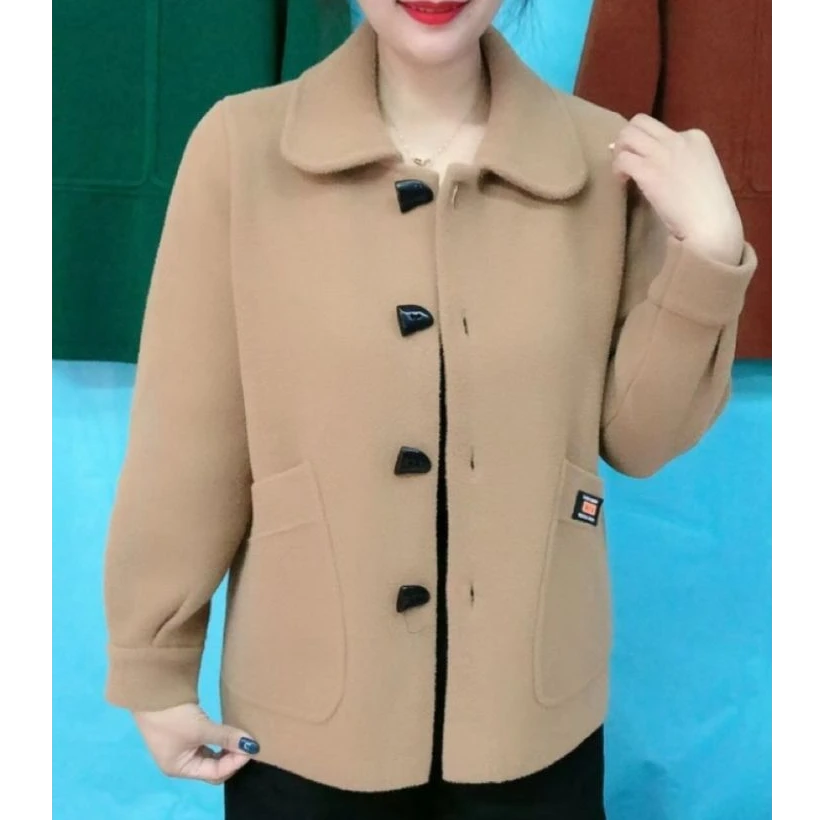 P春季上新妈妈装仿双面尼外套洋气牛角扣方领开衫百搭中年上衣女