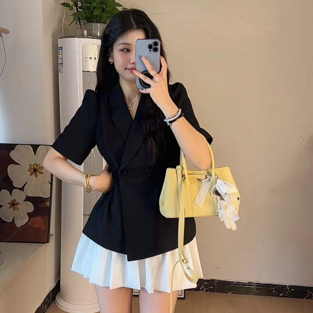 西装裙两件套2025新款夏季短袖外套气质收腰显瘦遮肚蓬蓬裙子