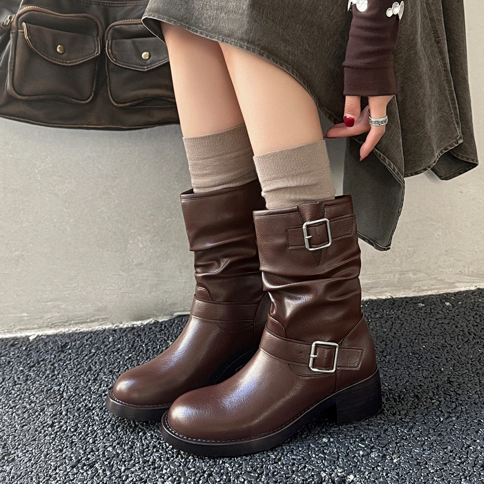 皮带扣增高舒适马丁靴女2025秋季新款百搭复古帅气中筒骑士靴