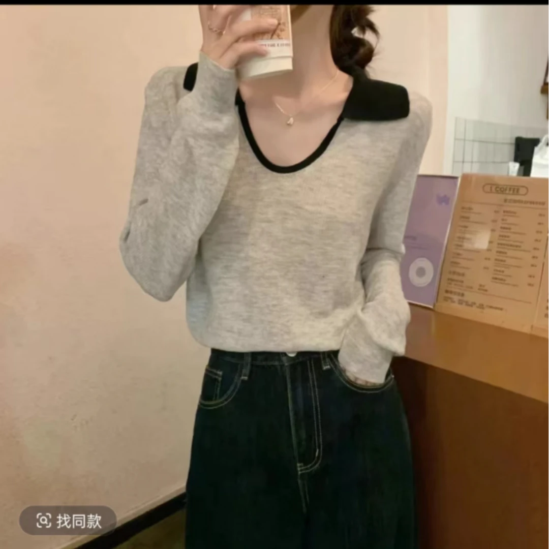 8021#大码u领时尚春秋2025新款宽松显瘦薄款长袖打底衫