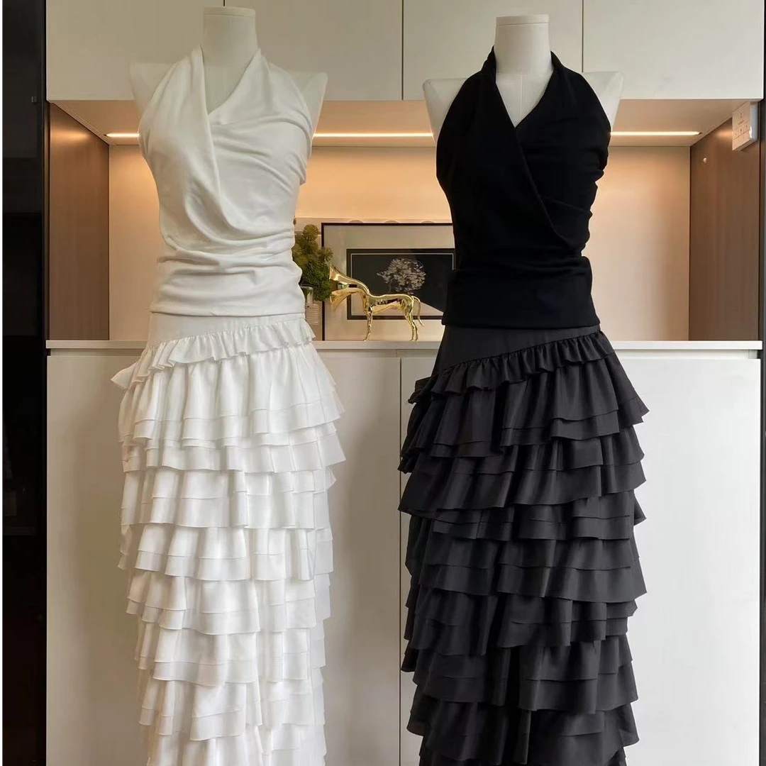 板栗可可星夜少女挂脖白色连衣裙套装女春夏法式蛋糕裙长裙子