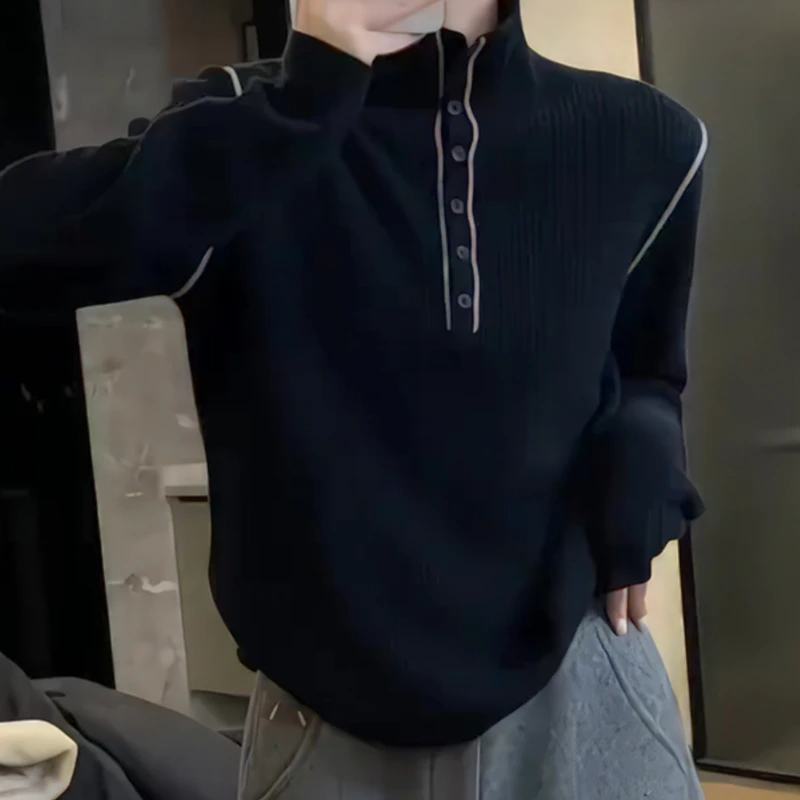 2025年韩版时尚新款潮流黑色针织衫简约百搭设计感内搭撞色毛衣