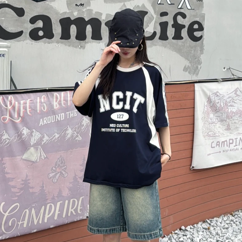 复古插肩袖短袖T恤女宽松拼接撞色上衣潮流