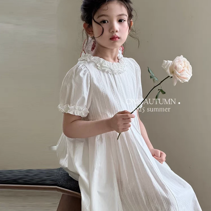 女童富家千金感裙子中大儿童公主风甜美公主裙服装蕾丝连衣裙白色