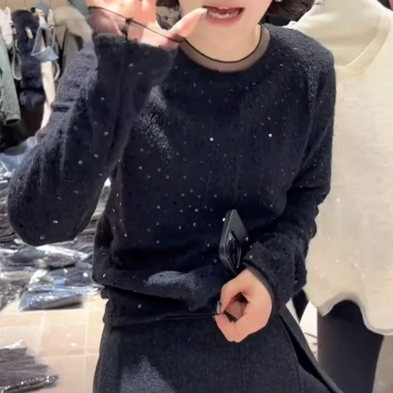 秋冬新款韩版气质长袖圆领亮片上衣拼接蕾丝LK2508585