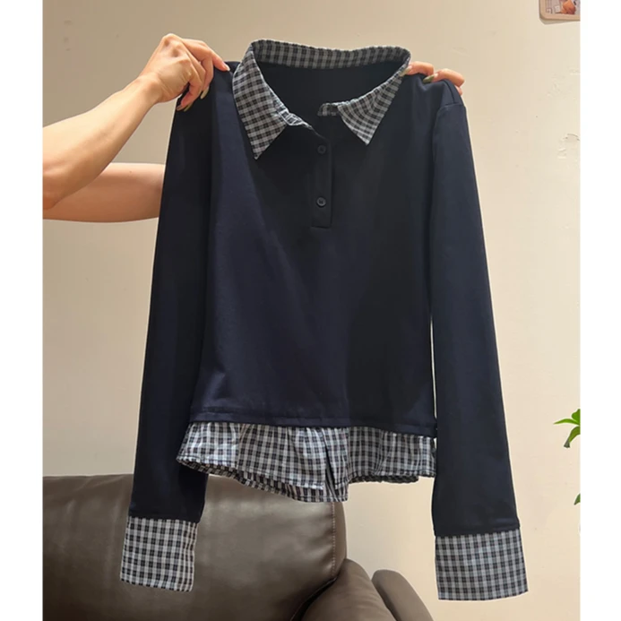 美式假两件格子拼接Polo领上衣女2025新款显瘦正肩内搭长袖打底衫
