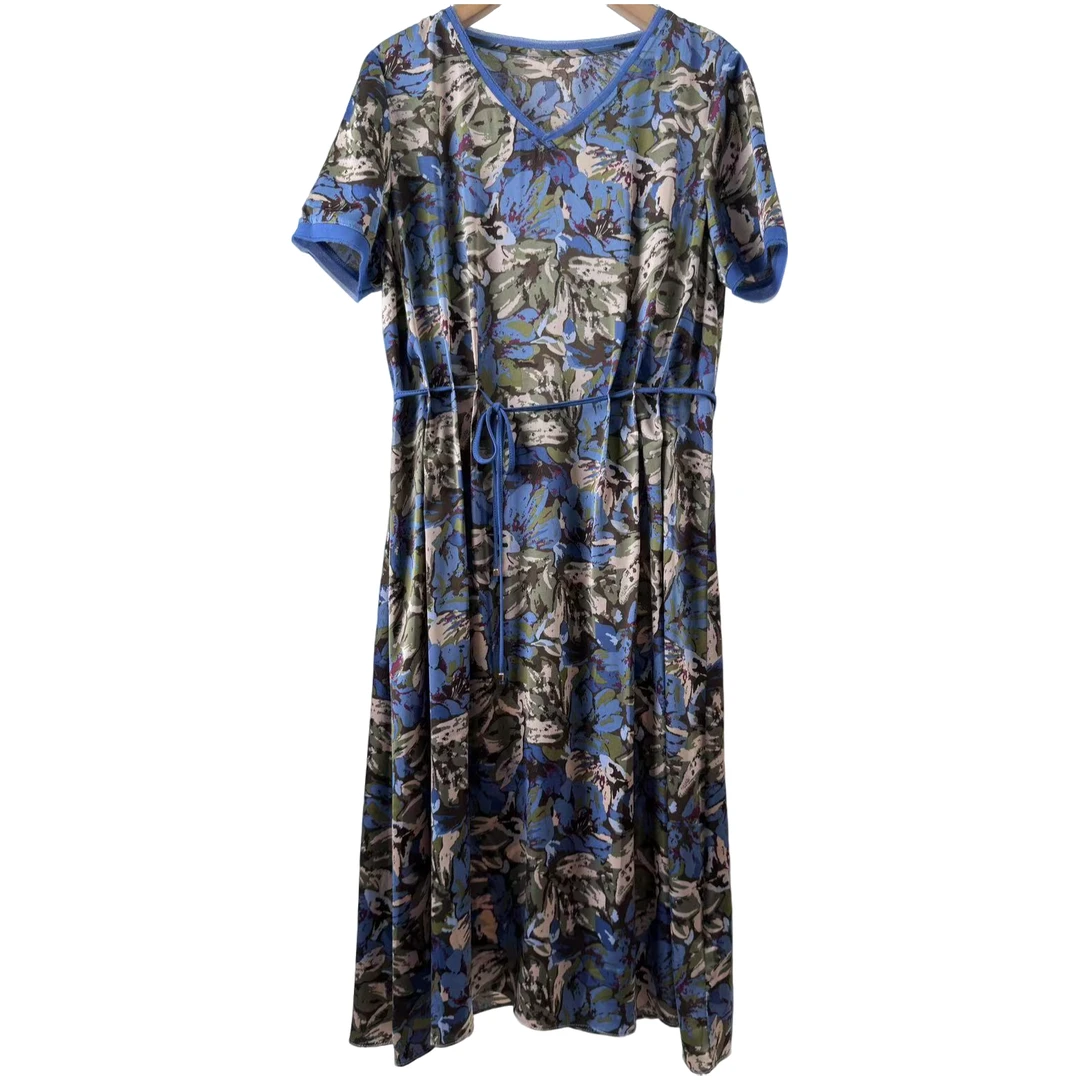 【W5211蓝花色裙】休闲时尚百搭洋气2025夏季新款短袖连衣裙