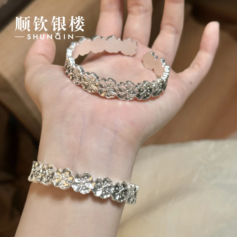 顺钦银楼 足银手镯 【初莞手镯】足银999.9国风精致桃花开口手镯