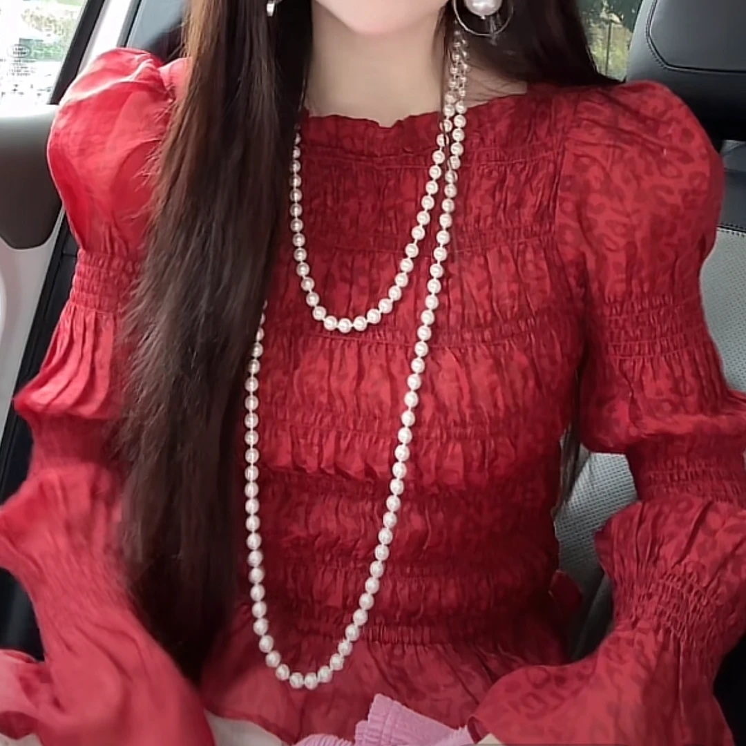 红色气质打缆高弹豹纹泡泡袖上衣20205年新款春季时尚设计感洋气