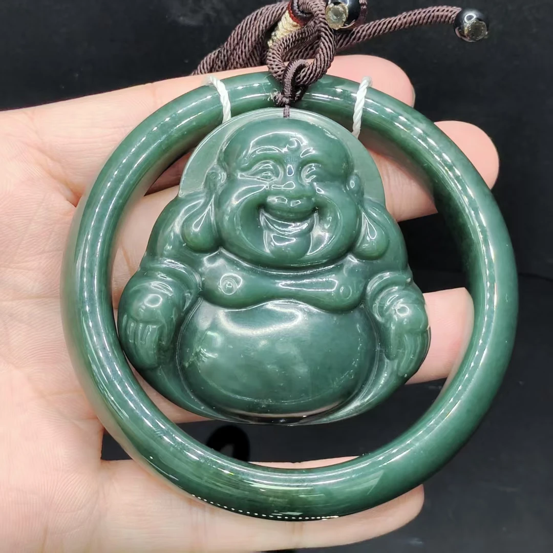 和田玉宽条手镯+佛公吊坠赠绳子Y9-圈口52-66mm