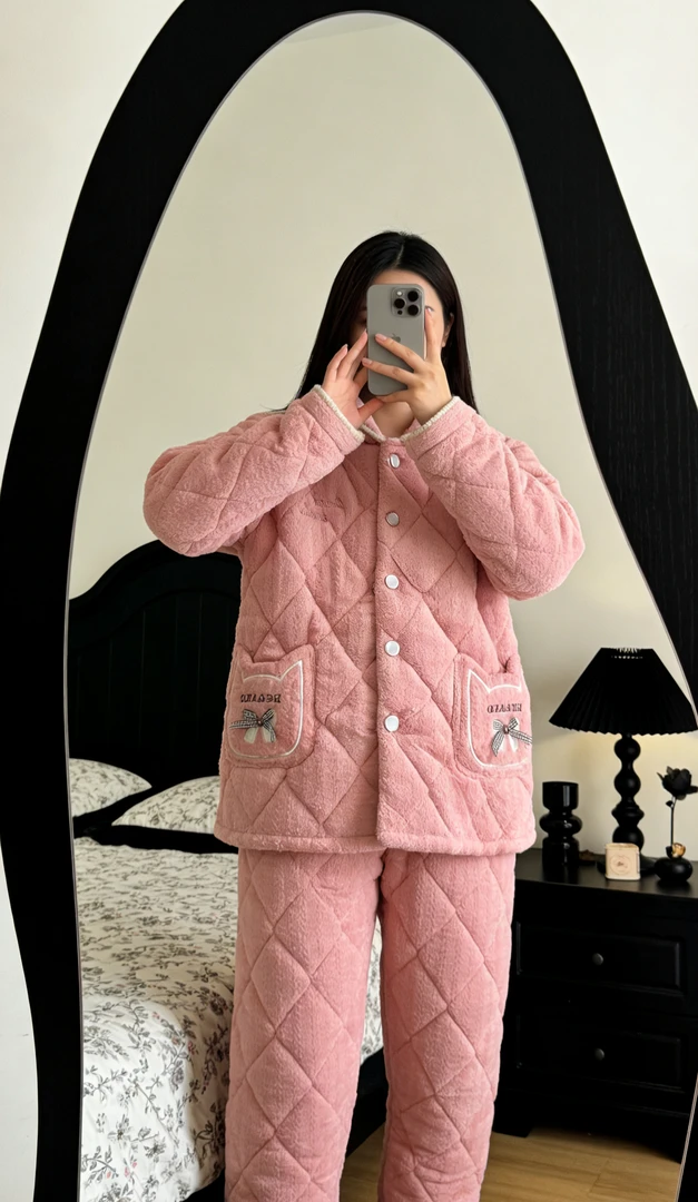 【0321粉色白边猫】三层加厚睡衣冬季女加绒加厚保暖家居服可外穿