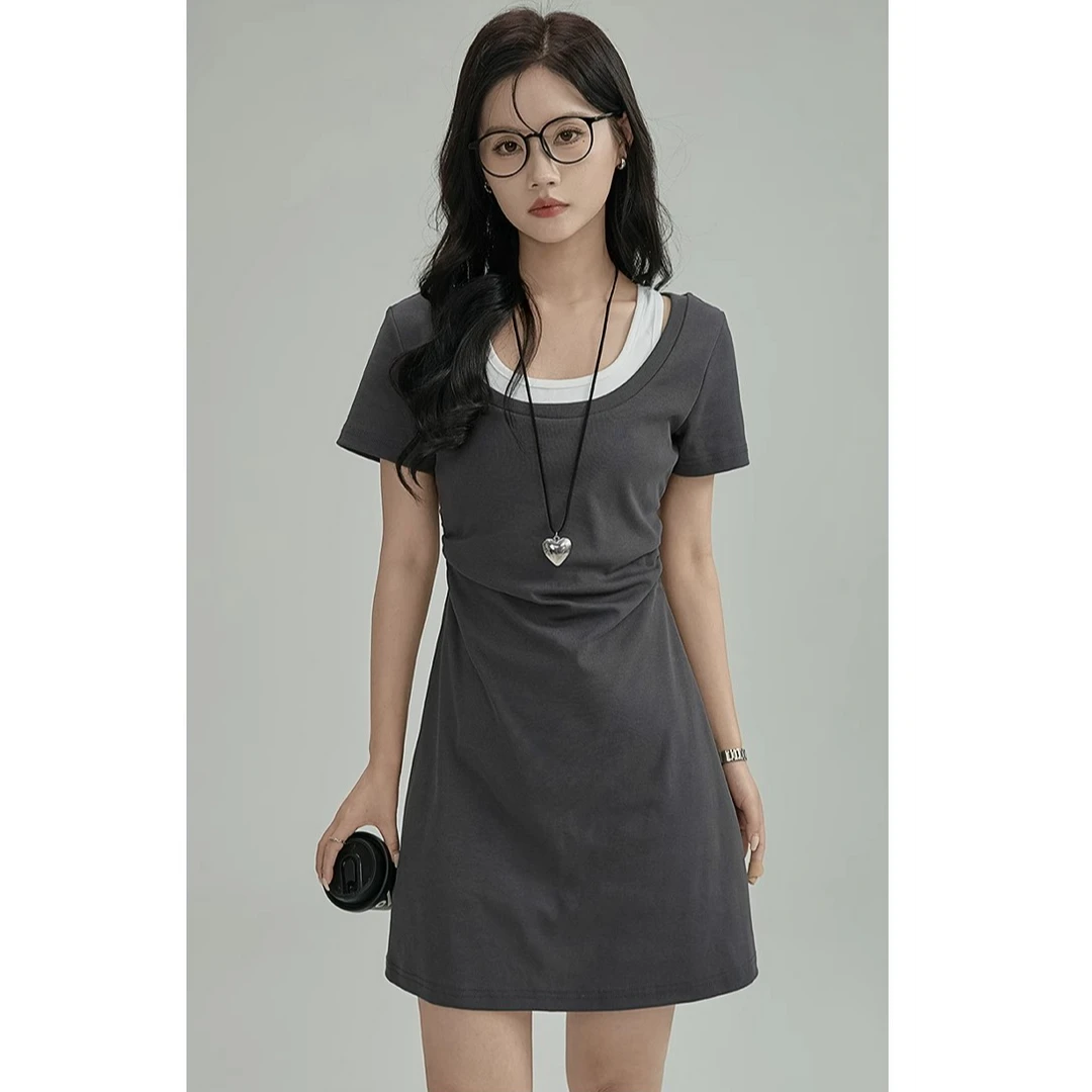 假两件方领连衣裙女夏季褶皱收腰显瘦气质a字短裙27479