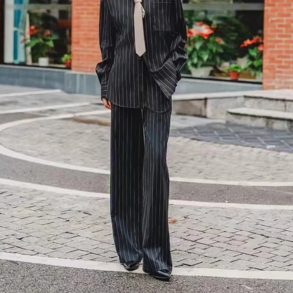 【专柜品质】春装新款系带竖条纹松紧腰直筒休闲裤1100464