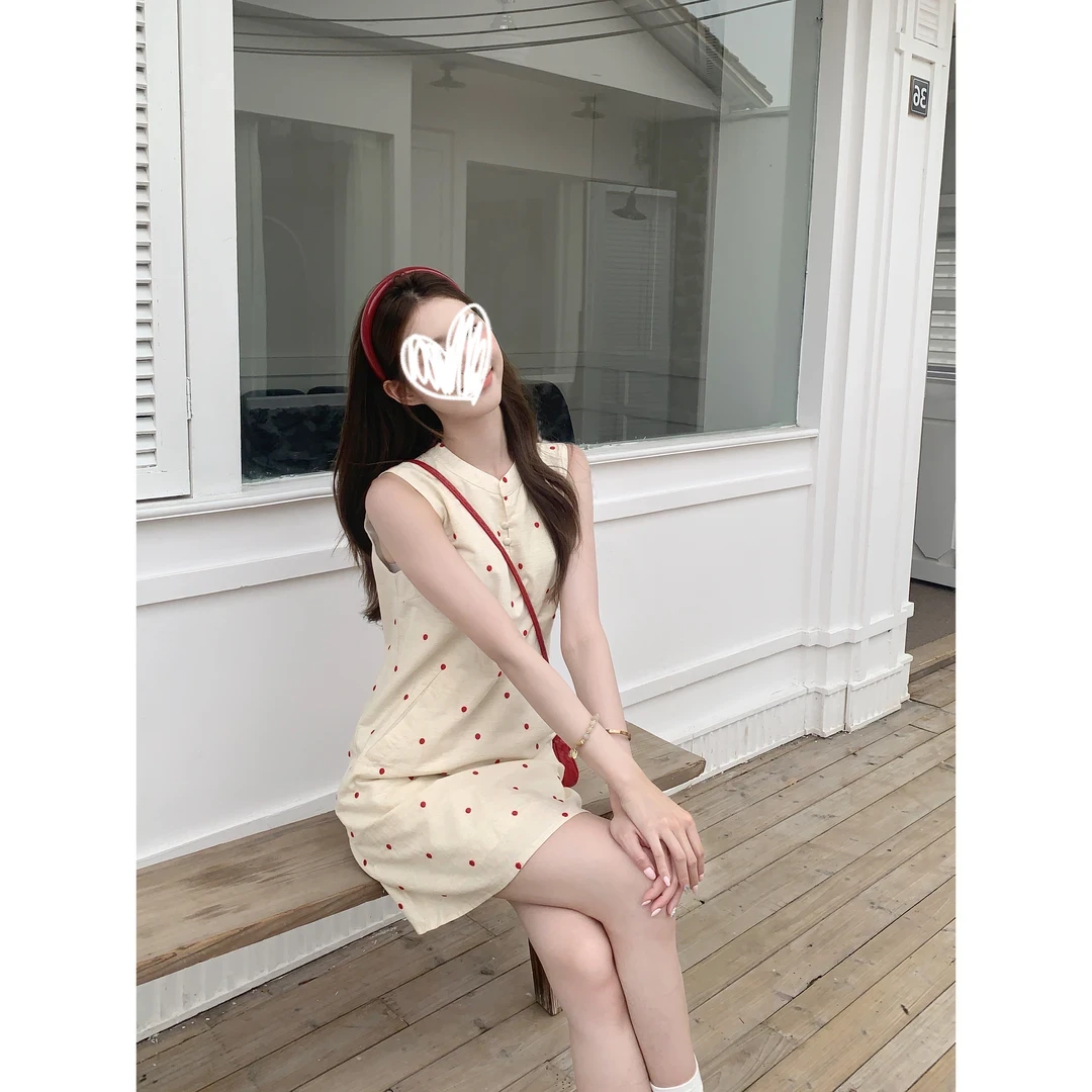 2025新品法式小立领设计感气质百搭波点背心连衣裙9742