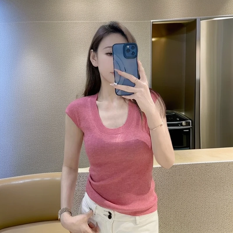 韩版纯欲风U领针织短袖女夏简约小众修身性感显瘦上衣潮网红炸街