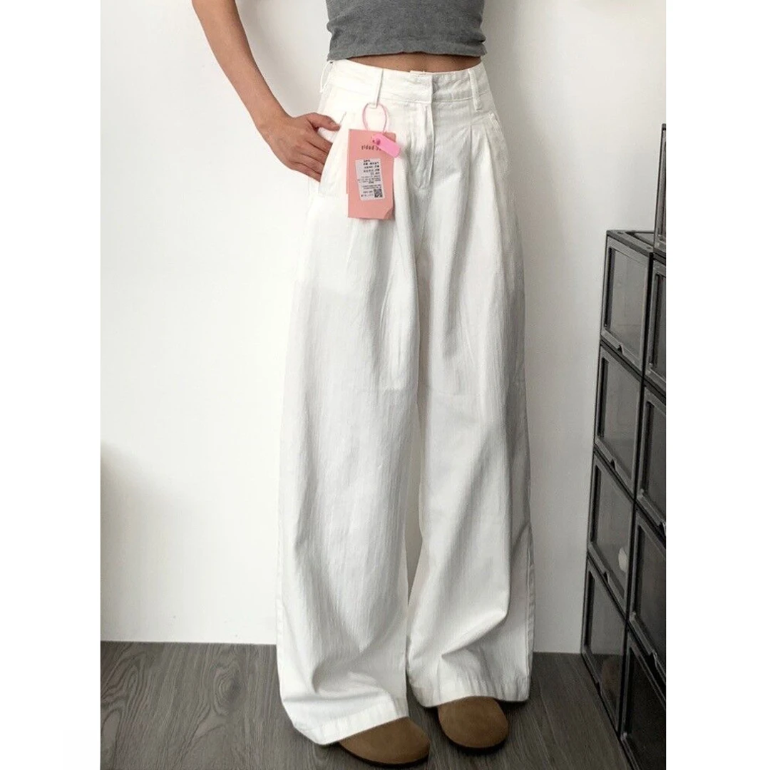 秋冬新款美式复古宽松阔腿裤白色垂感透气百搭直筒牛仔休闲裤女